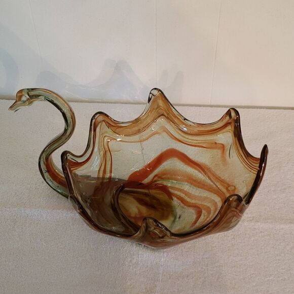 Exquisite Vtg Swirly Colored Glass Swan Bowl Dish - Picture 4 of 11